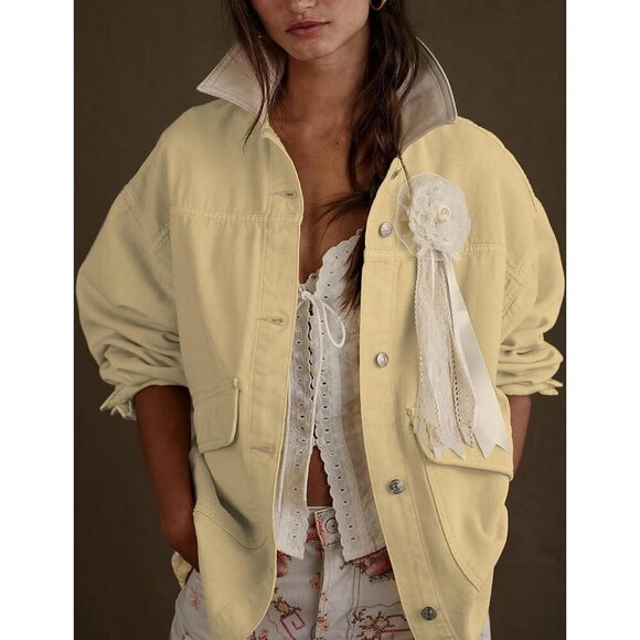 Women's Oversized Denim Jacket with Contrast Trim Long Sleeve Button Down Yellow - Picture 4 of 6